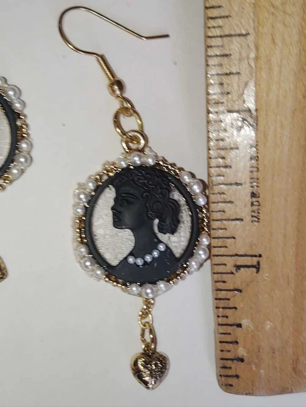 Vintage-Inspired Black Cameo White Lace & Pearl Drop Earrings Gold Dangle Heart